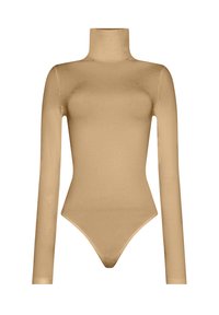 Body a maniche lunghe di colore beige chiaro, realizzato in tessuto liscio e elasticizzato, con colletto a finta e silhouette aderente.