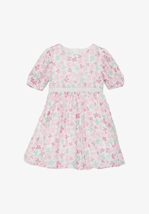 Robe pour fille longueur genou avec manches gigot, base blanche et motif floral rose, violet et vert menthe, avec un ruban à la taille.