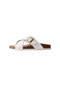 Vit halkfri sandal med korsade remmar, justerbart guldspänne, korkfotbädd och texturerad vit gummisula.