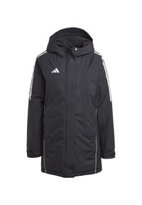Schwarze Kapuzenjacke mit weißen Akzentstreifen, ausgestattet mit einem Reißverschluss und Taschen; aus glattem, wetterbeständigem Material gefertigt.