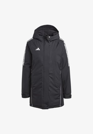 Zwarte hoodie met witte accentstrepen, voorzien van een ritssluiting en zakken; gemaakt van glanzende, weerbestendige stof.