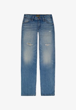 Jeans in denim blu con vestibilità comoda, caratterizzati da strappi consumati su entrambe le ginocchia, aree scolorite, cinque tasche e chiusura con bottone.