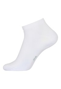 Calcetines tobilleros blancos hechos de un material suave y elástico. Presentan un puño acanalado y un logotipo impreso en verde en el lateral.