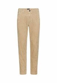 Beige corduroy trousers with a straight cut, featuring a zip fly, front pockets, and textured vertical stripes.