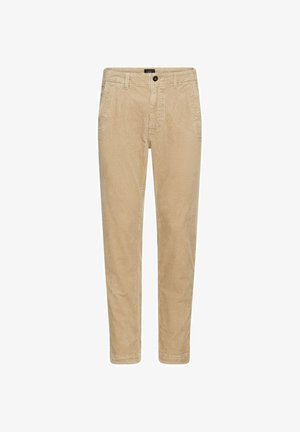 Beige Cordhosen mit geradem Schnitt, ausgestattet mit einem Reißverschluss, Fronttaschen und strukturierten vertikalen Streifen.