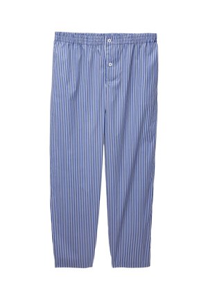 Pantalon de pyjama en coton rayé verticalement bleu et blanc, avec une taille élastique et deux boutons blancs sur le devant au niveau de la braguette.