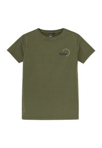 T-shirt en coton vert olive, manches courtes, col rond. Présente une petite impression graphique sur la poitrine gauche. Texture lisse, couleur unie.