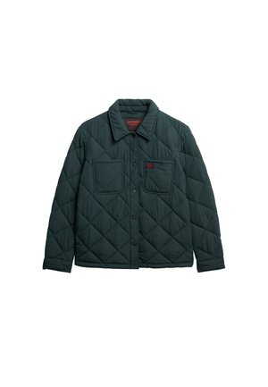 Quilted Jacke in Dunkelgrün, aus synthetischem Material. Verfügt über einen Kragen, zwei Fronttaschen und Druckknöpfe. Auffälliges Rautenmuster.