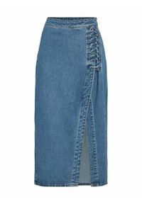 Denim-Midirock mit hoher Taille, seitlicher Schnürung, Frontschlitz und blauer Waschung, gefertigt aus Denim-Stoff mit glatter Textur.