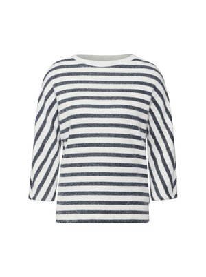 Pasiasty, długi rękaw, w nawigacyjne i białe poziome paski, okrągły dekolt, miękki materiał i luźny krój z obniżonymi ramionami.