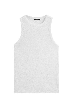 Débardeur sans manches gris clair en coton doux, avec un col rond et une texture lisse, présentant un minimum de couture.