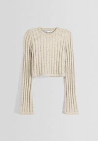 Beige kortärmad tröja med vertikal ribbad textur och långa ärmar. Har en rund hals och mjukt tyg för komfort.