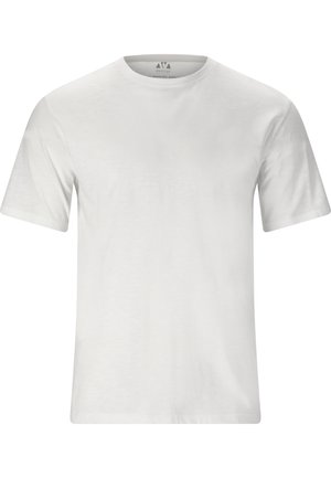 Hvid T-shirt med rund hals lavet af glat bomuldsstof. Korte ærmer, afslappet pasform, ingen synlige mønstre eller detaljer. Enkel, minimalistisk design.