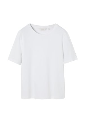 T-shirt en coton blanc à manches courtes, col rond et coupe décontractée. Texture lisse et design minimaliste, sans motifs ni accents visibles.