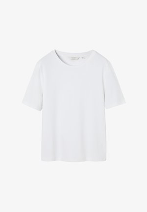 T-shirt en coton blanc à manches courtes, col rond et coupe décontractée. Texture lisse et design minimaliste, sans motifs ni accents visibles.