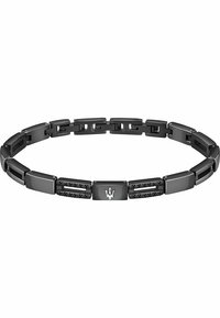 Bracciale in metallo nero con maglie che presentano riflessi lucidi e sezioni testurizzate. Il pannello centrale mostra un logo argentato.