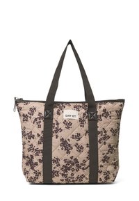 Beige Schultertasche aus Steppmaterial mit dunklem Blumenmuster. Verfügt über zwei dunkle Trageriemen und einen Reißverschluss. Markenlabel "DAY ET" auf der Vorderseite.