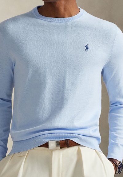 Maglione azzurro chiaro con scollo rotondo, polsini e orlo a coste. Presenta un piccolo logo ricamato in blu navy sul petto. Tessuto a maglia morbido.