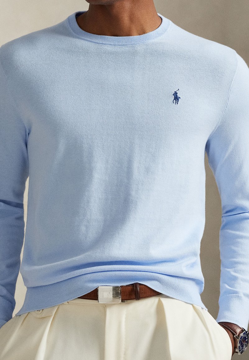 Maglione azzurro chiaro con scollo rotondo, polsini e orlo a coste. Presenta un piccolo logo ricamato in blu navy sul petto. Tessuto a maglia morbido.