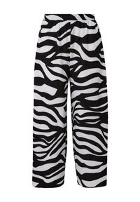 Pantalons évasés avec un imprimé zèbre noir et blanc. Fabriqués en tissu léger avec une taille élastique pour plus de confort.