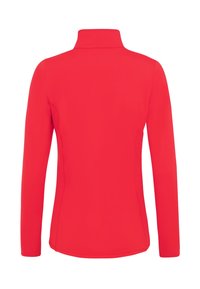 Rote, taillierte Jacke mit langen Ärmeln und hohem Kragen, von hinten vor einem weißen Hintergrund gezeigt.