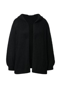 Mustavilla neulecardigan, jossa on huppu, avoin etuosa, pitkät hihat, väljä istuvuus ja teksturoitu kuvio. Kuitu näyttää pehmeältä ja mukavalta.