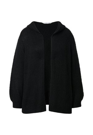 Zwarte gebreide cardigan met een capuchon, open voorkant, lange mouwen, losse pasvorm en een gemêleerd patroon. De stof lijkt zacht en knus.