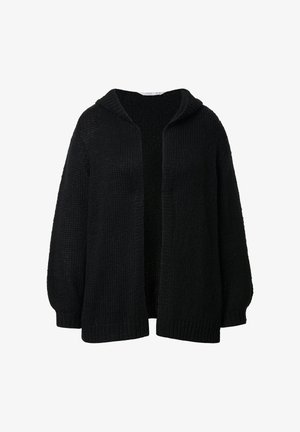 Cárdigan negro de punto con capucha, de frente abierto, mangas largas, corte holgado y patrón texturizado. La tela parece suave y acogedora.