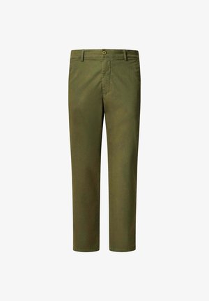 Chino w kolorze oliwkowym wykonane z trwałego materiału, z zapięciem na guzik, szlufkami na pasek oraz prostymi nogawkami w klasycznym kroju.