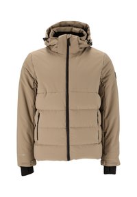 Beige Puffer-Jacke mit abnehmbarem Kapuzen, Reißverschluss vorne, Seitentaschen und schwarzen Akzenten an den Bündchen und dem Reißverschluss.