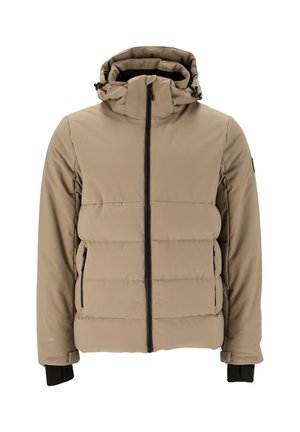 Beige pufferjakke med en aftagelig hætte, lynlåslukning foran, sidelommer og sorte detaljer på manchetter og lynlås.