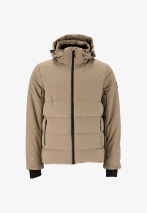 Beige Puffer-Jacke mit abnehmbarem Kapuzen, Reißverschluss vorne, Seitentaschen und schwarzen Akzenten an den Bündchen und dem Reißverschluss.