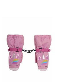 Rosa Einhorn-Handschuhe mit glänzendem Design, die eine Regenbogen-Mähne, elastische Bündchen und einen verbindenden Riemen für einfache Aufbewahrung aufweisen.