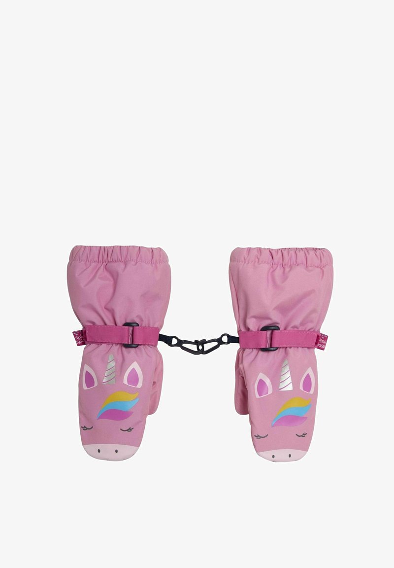 Ružičaste zeca rukavice s sjajnim dizajnom koji uključuje dugeći grivu, elastične manžetne i veznu traku za jednostavno skladištenje.