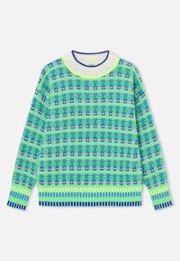 Strickpullover mit grün-blauem Blumenmuster, geripptem Ausschnitt, Bündchen und Saum in leuchtendem Gelb und Marineblau.