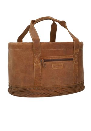 Hnedá kožená taška s pevným uchom, rovnou základňou, zipsovým predným vreckom a perforovanými detailmi pozdĺž spodnej časti.