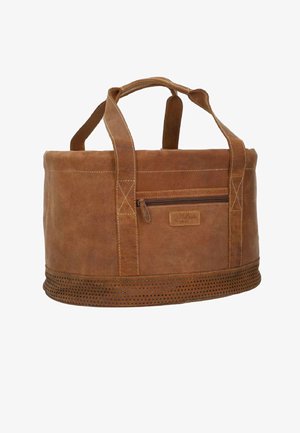 Bolso tote de cuero marrón con asas resistentes, base plana, bolsillo frontal con cremallera y acentos perforados en la parte inferior.