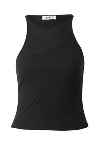Zwarte geribbelde tanktop met een hoge halslijn, een taillering die goed aansluit, en een gladde textuur. Het label met de tekst "EDITED" staat op een wit etiket aan de kraag.