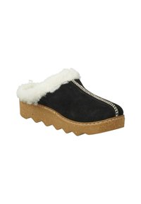 Zuecos de ante negro con un forro de pelo sintético blanco, que presentan una suela de corcho ondulada y un detalle de costura en contraste a lo largo de la parte superior y las costuras.