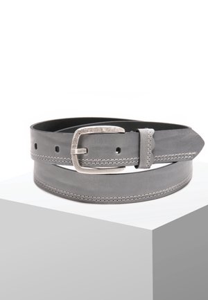 Gray leather belt with silver textured buckle, double row stitching, and pointed end, coiled on white pedestal against white background.