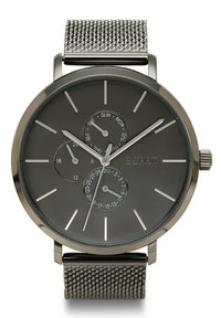 Silberfarbene Uhr mit einem Mesh-Armband, einem grauen Zifferblatt, drei Unterzifferblättern für Tag und Datum sowie minimalistischen Stundenmarkierungen. Markenlogo angezeigt.
