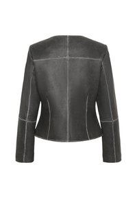 Gray leather jacket with a fitted silhouette, long sleeves, and contrast stitching. Smooth texture with structured seams and a rounded hem.