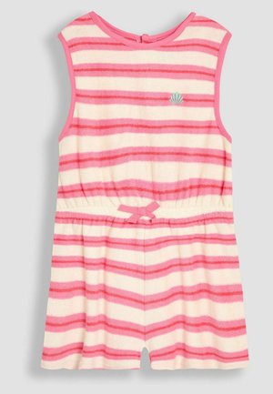 Triibuline romper koore- ja roosa froteekangast, millel on ümar kaelus, ilma varrukateta disain, elastne vöökoht ja lipsu detail keskel.