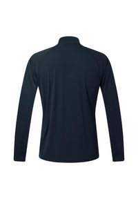 Langarm sportshirt in donker marineblauw, met een hoge kraag, een gladde stofstructuur, en een getailleerd ontwerp met raglanmouwen.