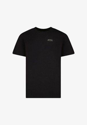Zwart katoenen T-shirt met ronde hals en korte mouwen. Heeft een klein ontwerp in de linkerbovenhoek. Gladde textuur, casual pasvorm.