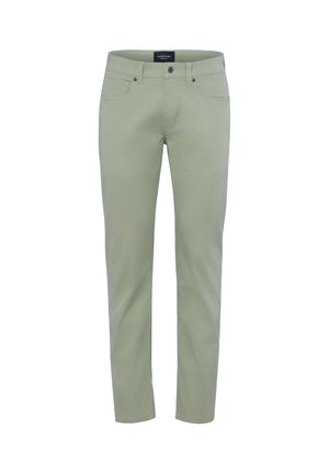 Lichtgroene slim fit herenbroek met knoop aan de voorkant, rits, riemlussen en vijf zakken.