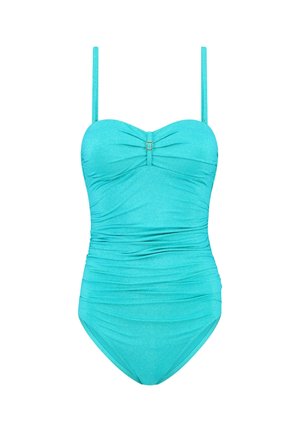 Un traje de baño de una pieza en color turquesa con una textura brillante, escote corazón, tirantes ajustables y detalles fruncidos con un acento central.