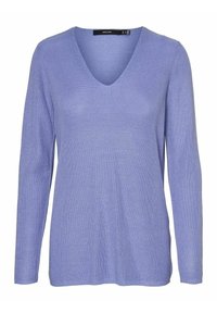 Pitkähihainen V-kaula-aukollinen neule vaaleanlaventelin värisenä, tehty ribbineuloksesta. Ominaisuuksiin kuuluu rento istuvuus ja teksturoitu pinta.