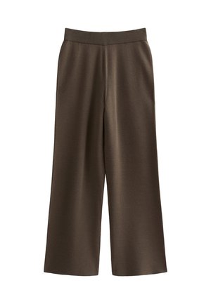 Bruine wijde broek van zacht materiaal, met een geribde tailleband en een gladde textuur, ontworpen voor comfort en vrijheid van beweging.