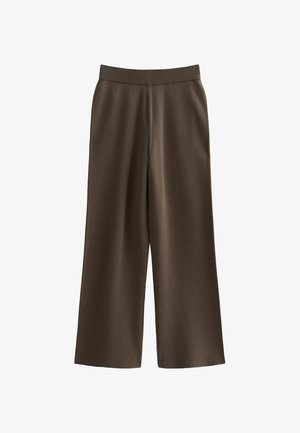 Brown wide-leg trousers made of soft fabric, featuring a ribbed waistband and smooth texture, designed for comfort and ease of movement.